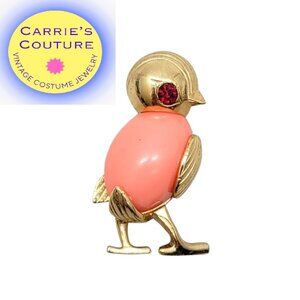Vintage 1960s Signed Napier Small Goldtone Faux-Coral Chick Brooch